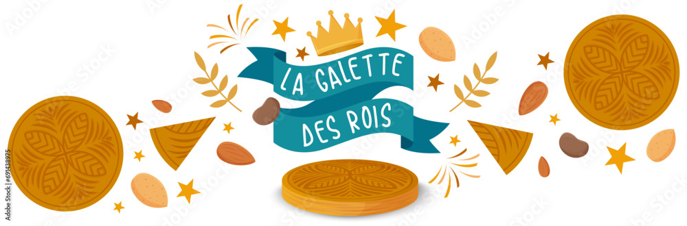 Galette des rois - Bannière festive et colorée pour la célébration de l’Épiphanie - Illustrations vectorielles éditable de galettes, couronnes, fèves et amandes - Culture et traditions de janvier