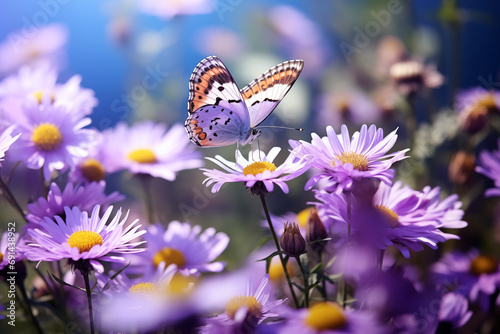 Beautiful wild flowers chamomile, purple wild peas, butterfly in morning haze in nature close-up macro © FawziaEssa