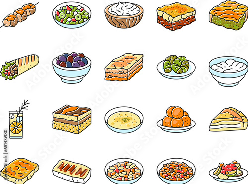 greek cuisine food lunch icons set vector. salad dinner, meal mediterranean, plate greece, healthy fresh, dish, appetizer feta greek cuisine food lunch color line illustrations