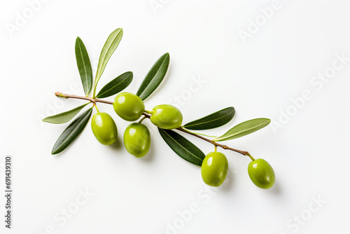 a branch of olives with green leaves on a white surface