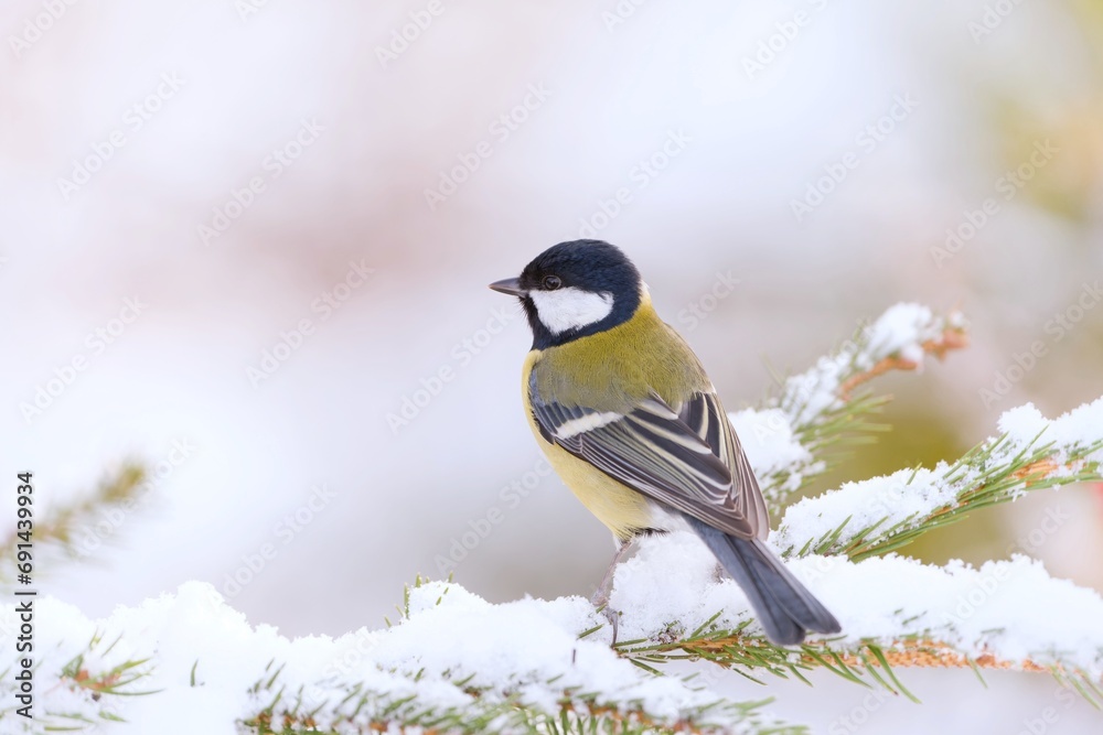A cute great tit sitting on the snowy spruce twig. Parus major. Winter scene with a titmouse. 