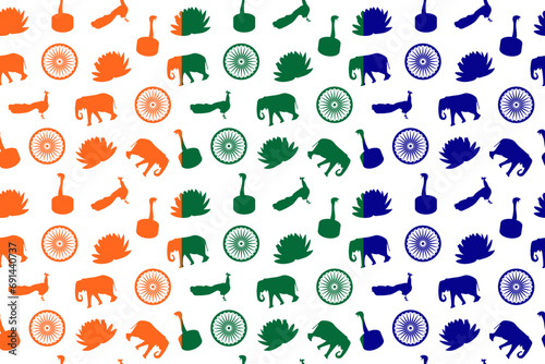 Set of India symbols pattern in flag colors (saffron, white, green, navy blue). Elephant, snake, peacock, lotus. For national holidays and events. photo