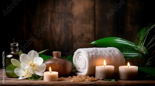 Aromatherapy, madero therapy, spa, beauty treatment and wellness background with candles on a dark background