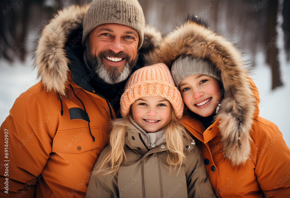 Portrait of a dad with two daughters outdoors in winter. Happy family smiling at camera. Portrait of a dad with two daughters outdoors in winter. Happy family smiling at camera.