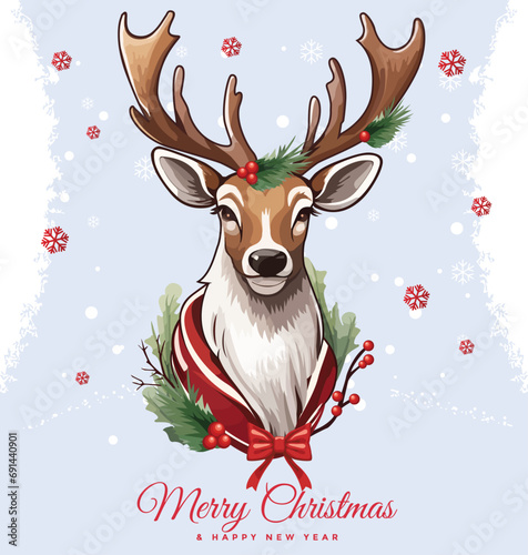 Merry Christmas And Happy New Year Card With Deer And Christmas Background Vector Illustration