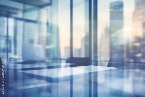 Light modern office interior blurred background of panoramic windows and beautiful lighting