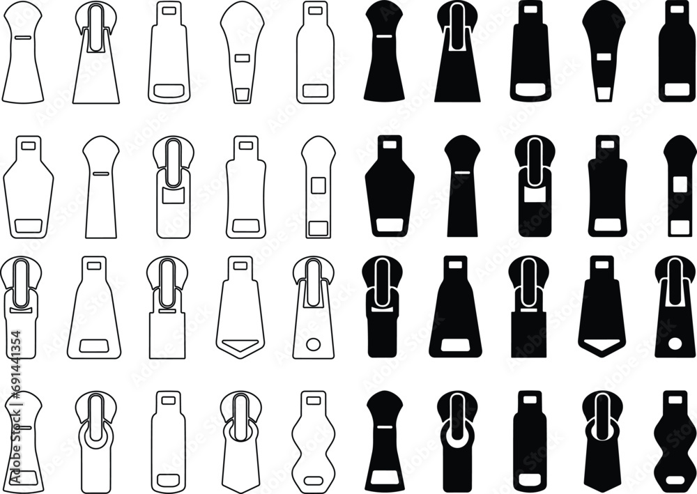 Set of different zippers. zipper pullers vector illustration zip heads, zipper slider flat and line sketch collection - obrazy, fototapety, plakaty 