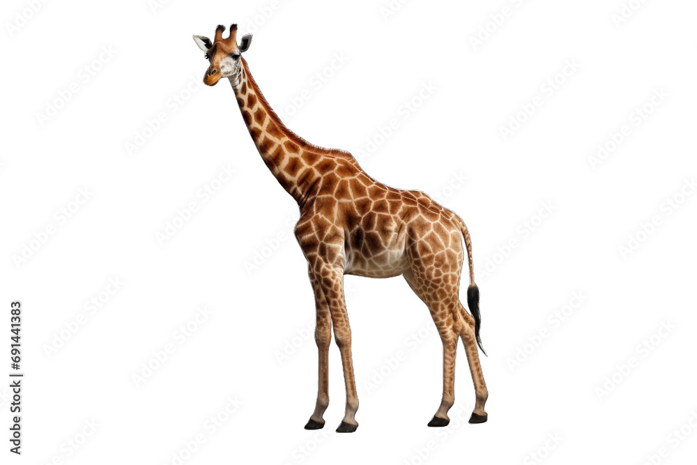 Fototapeta premium Majestic Giraffe: A stunning portrayal of a giraffe, capturing its unique pattern and slender silhouette against a clean backdrop, embodying the grace of African wildlife.