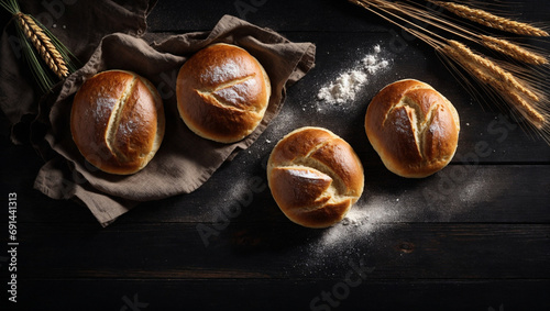 Bread buns, wheat ears and flour on wooden table over dark black rustic background, delicious freshly baked sourdough breads closeup. generative ai