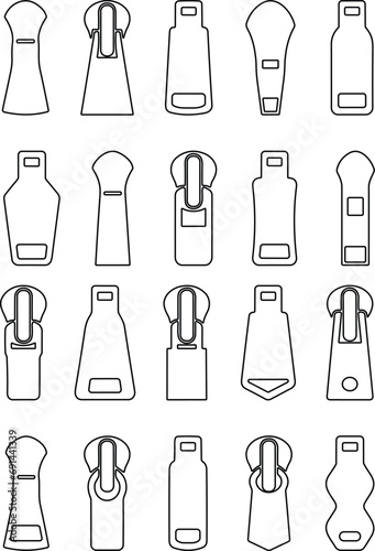 Set of different zippers. zipper pullers vector illustration zip heads, zipper slider line sketch collection
