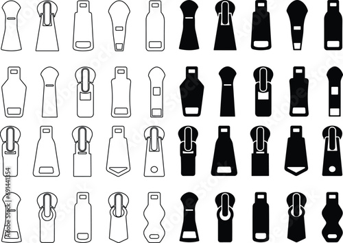 Set of different zippers. zipper pullers vector illustration zip heads, zipper slider flat and line sketch collection photo