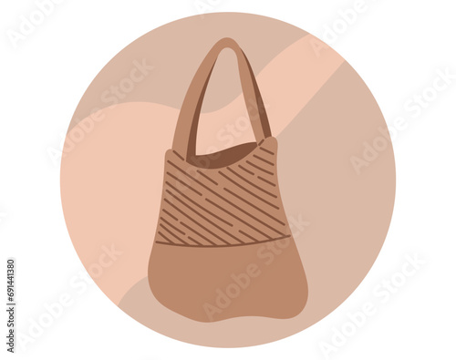 Round highlight cover template for social media. Woven fashionable shopper bag. Vector isolated round sticker.