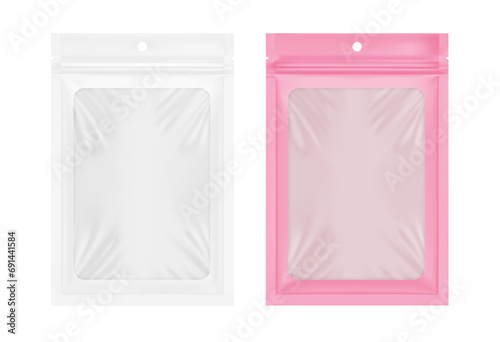 Mylar sachet bag with clear window, ziplock, hang hole and tear notch. Hyper realistic vector illustration isolated on white background. Packaging for food, small electrical items.