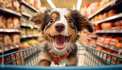 Cute funny dog in grocery store shopping in supermarket. puppy dog sitting in a shopping cart on blurred shop mall background. Concept for animal pets groceries,delivery,shopping background photo
