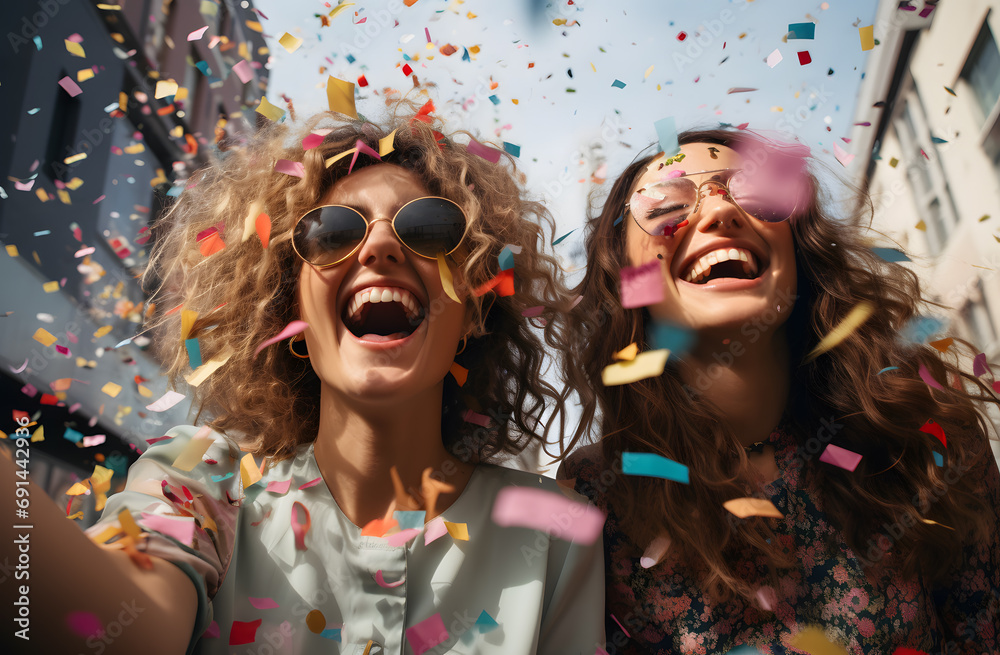 Couple of friends having fun and throwing confettis