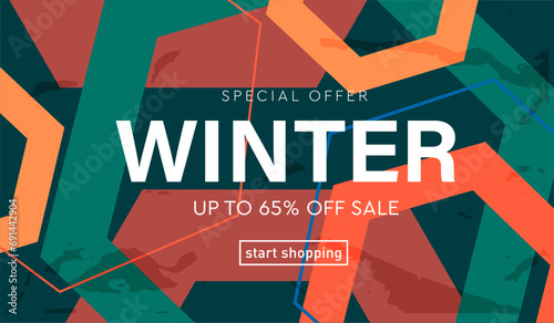 Winter Sale with Graphic Hexagon Stripe Lines. Special Offer 65%. Background Abstract Pattern for Advertising, Web, Social Media, Poster, Banner, Cover. Merry Christmas and Happy New Year.