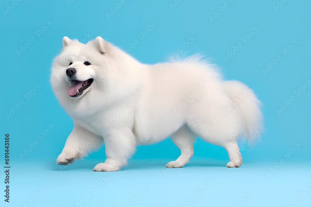 Cute Samoyed dog on blue color background. Neural network AI generated art