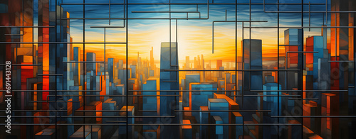 a city at sunrise with glass windows in the style 