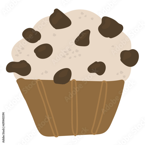 Chocolate chip cupcake doodle isolated on white background. Hand drawn vector illustration on the theme of bakery
