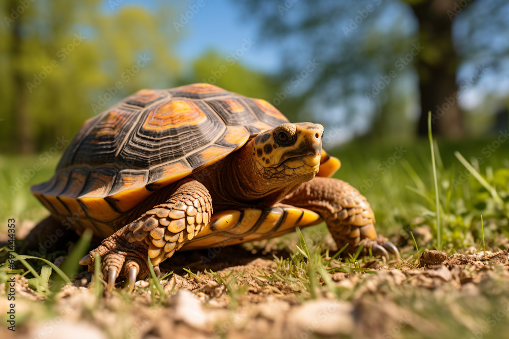 Obraz premium a turtle is walking on the ground in the grass
