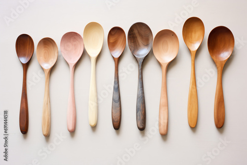 a row of wooden spoons lined up on a white surface