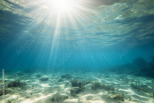 a sun shines brightly over a sandy ocean floor