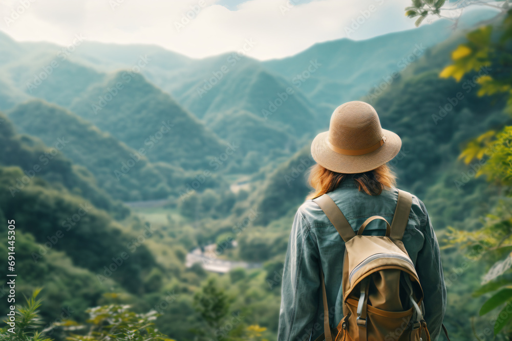 a woman with a hat and backpack looking at a valley