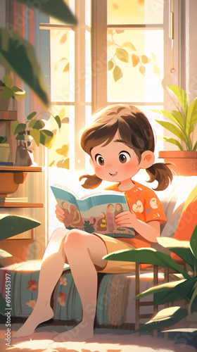 Girl sitting on sofa reading book, world book day concept scene illustration