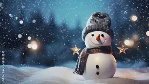 Christmas decorations with cute snowmen decorated with falling snow. seamless looping time-lapse virtual video animation background.generate with ai photo