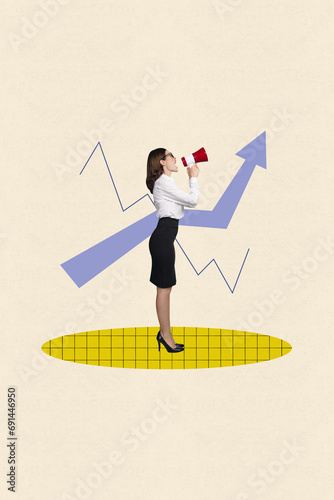 Vertical photo collage of young lady office worker in form scream in loudspeaker statistics rate on beige background