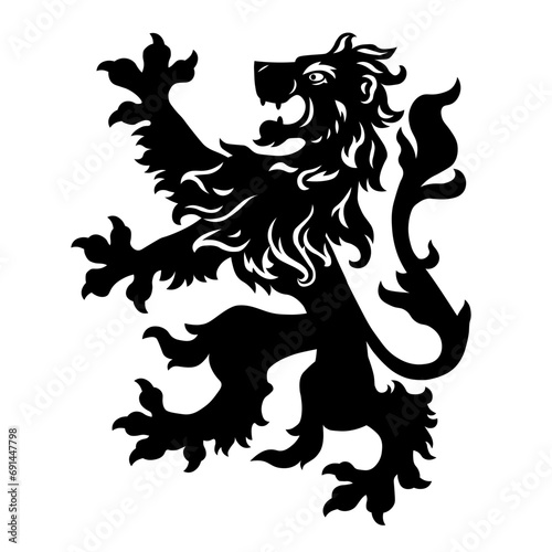 Heraldic lion black silhouette. Template, pattern, symbol, sign, line, icon, silhouette, tattoo. Isolated vector illustration.