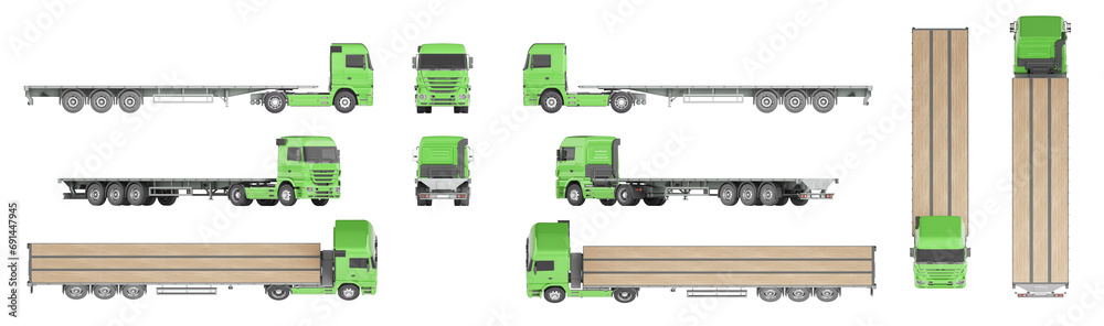 A mock-up of a flatbed truck on a white background for vehicle branding, corporate identity. The camera is positioned at 45 degrees to the horizon. 3d illustration. Orthographic (equiangular) view. A mock-up of a flatbed truck on a white background for vehicle branding, corporate identity. The camera is positioned at 45 degrees to the horizon. 3d illustration. Orthographic (equiangular) view.