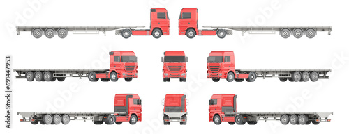 A mock-up of a flatbed truck on a white background for vehicle branding, corporate identity. The camera is located at the horizon level. 3d illustration. Orthographic (equiangular) view. photo