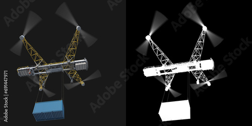 A large drone transports a sea container (shipping container). The near future. Drone: 3D model, background: photo. 3d illustration. RGB + Alpha channel