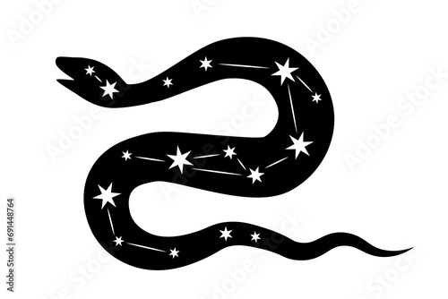 Simple illustration of snake with stars. Symbol of transformation, healing and wisdom. Cosmic symbol. Symbol, sign, black, icon, silhouette, tattoo.