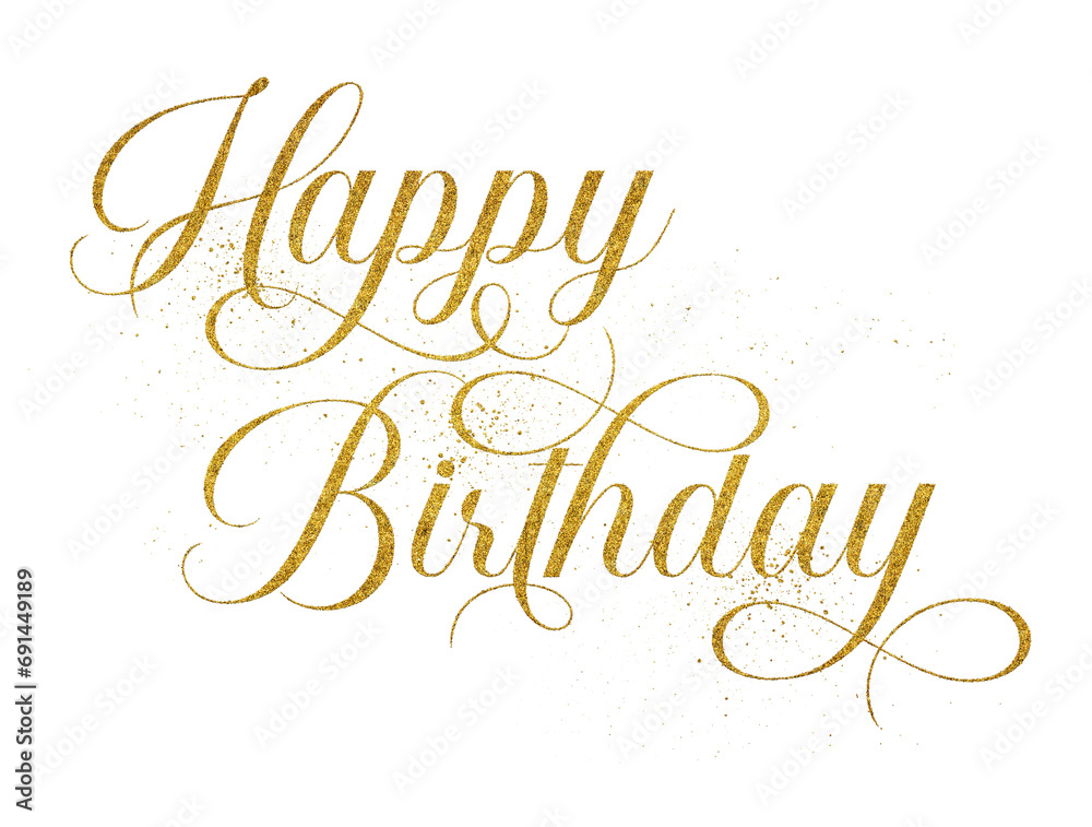 Fototapeta Happy Birthday written in elegant script lettering with golden glitter effect is