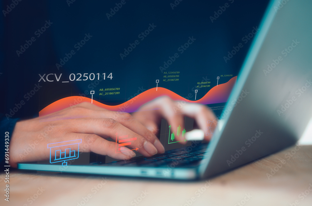 Analyst working with Business Analytics and Data Management System researching or analysing a report with KPI and metrics connected to database Analyst working with Business Analytics and Data Management System researching or analysing a report with KPI and metrics connected to database