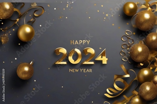 2024 text background. New year and business concept strategy, beautiful golden happy new year text 2024 with awesome black abstract background generative Ai 