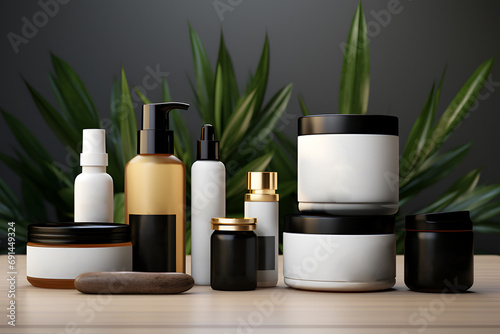 environmentally friendly Blank cosmetic product line with white color and copy space makeup, and skin care items, luxury nature and gray background