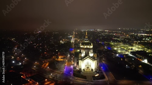 St Paul downtown at night with foggy and gloomy air. Cathedral and State capitol