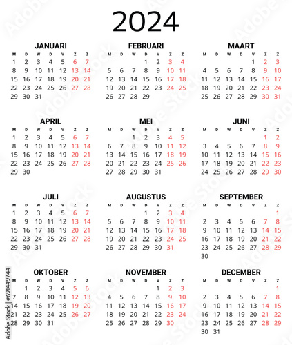 2024 dutch calendar. Printable, editable vector illustration for Dutch. 12 months year