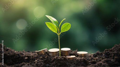 A seedling growing on a pile of coins