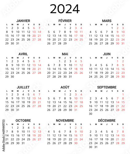 2024 french calendar. Printable, editable vector illustration for France. 12 months year calendrier photo