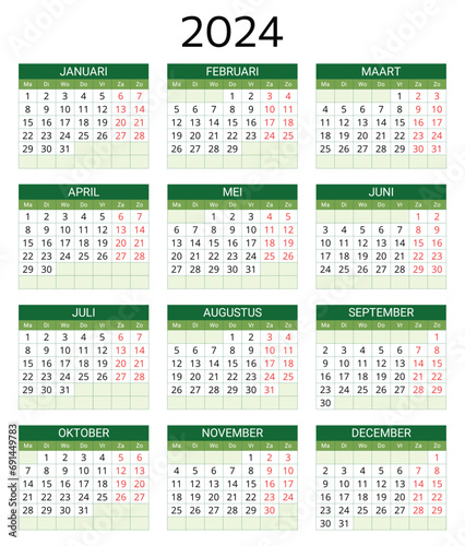 2024 dutch calendar. Printable, editable vector illustration for Dutch. 12 months year
