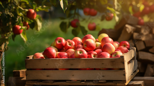 A wooden crate with beautiful organic red ripe apple