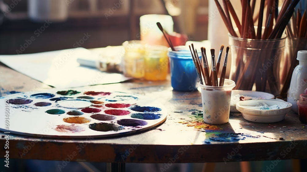 A close-up of an artist's table with paintbrushes, tubes of paint, and a palette, showcasing a creative copy space