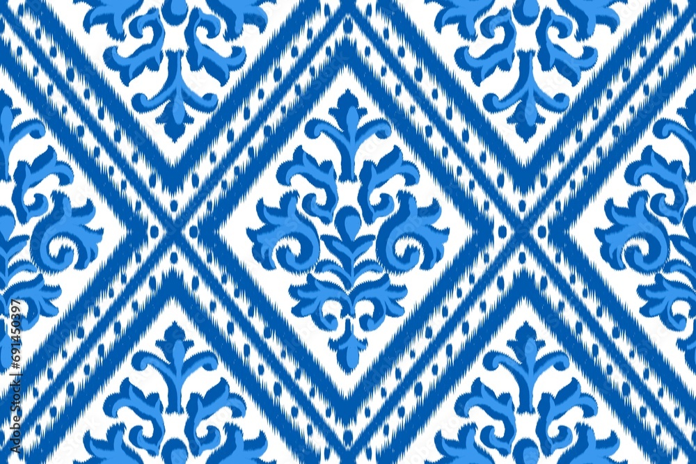 white and blue ikat ethnic design background Seamless curved wave pattern in tribal, abstract folk art embroidery style. jewelry print Designed for carpets, clothing, fashion, fabric. white and blue ikat ethnic design background Seamless curved wave pattern in tribal, abstract folk art embroidery style. jewelry print Designed for carpets, clothing, fashion, fabric.
