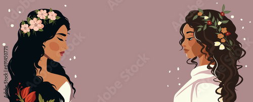 Vector banner place for text, beautiful girls in flowers, beauty, portrait. Poster card with Women's Day on a dark pink background. Women empowerment, feminism day