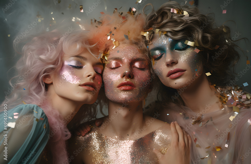 Fototapeta premium Portrait of young girls with glossy make up celebrating party with confetti
