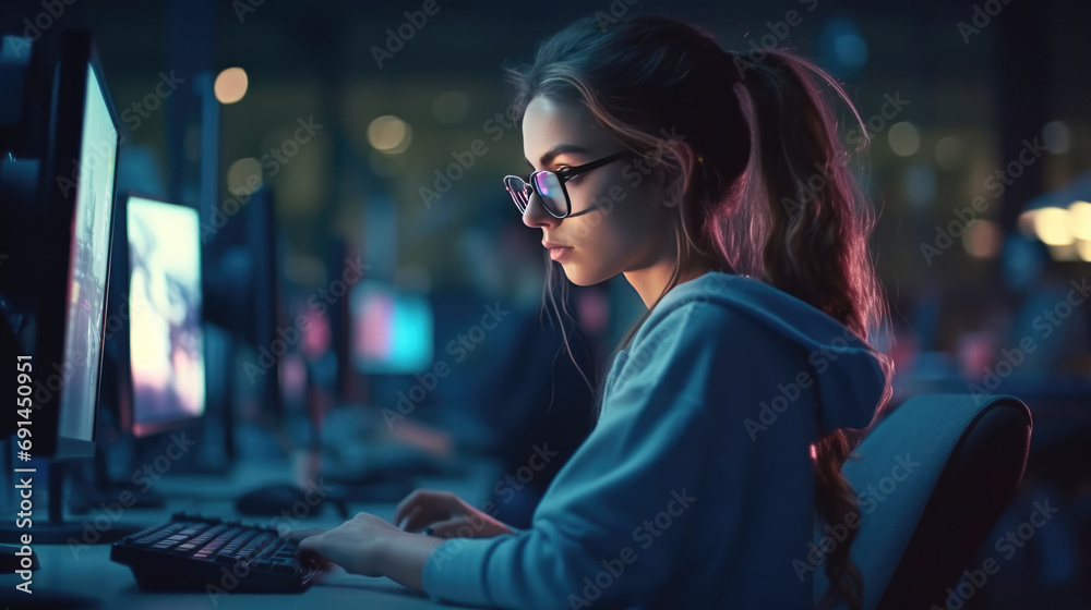 A programmer girl who is using her modern computer A programmer girl who is using her modern computer
